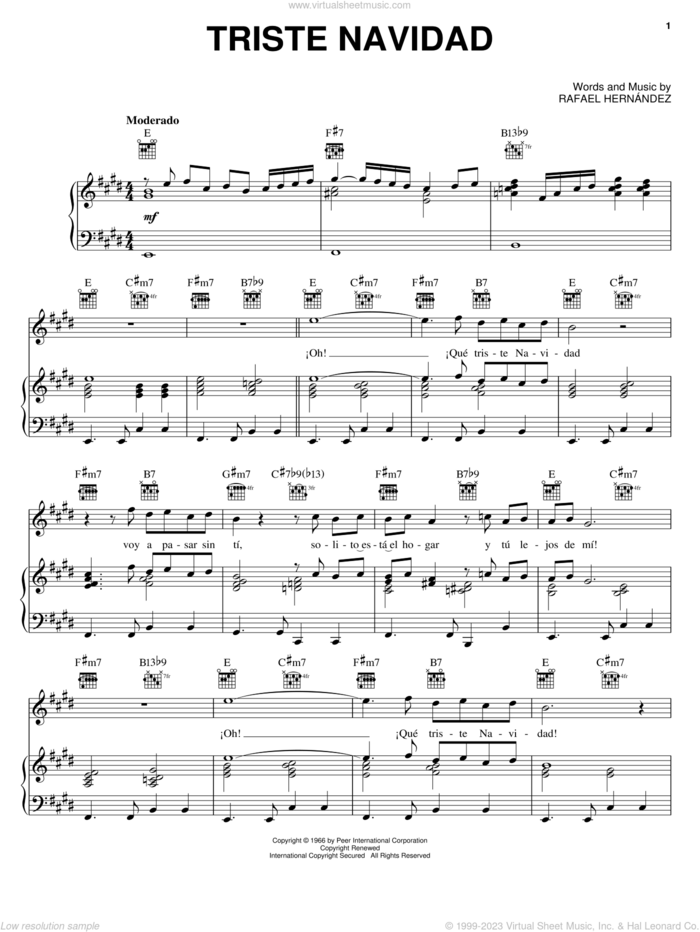Triste Navidad sheet music for voice, piano or guitar by Rafael Hernandez, intermediate skill level