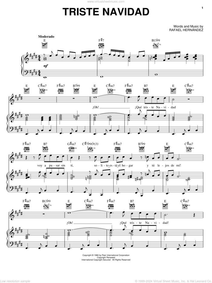 Triste Navidad sheet music for voice, piano or guitar by Rafael Hernandez, intermediate skill level