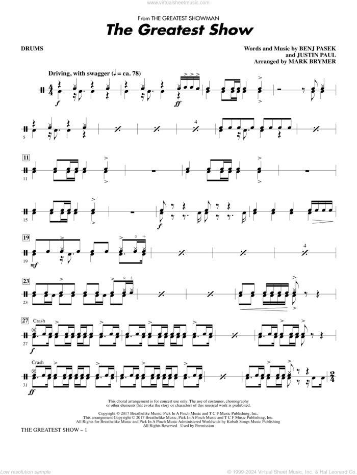 The Greatest Show sheet music for orchestra/band (drums) by Mark Brymer, Pasek & Paul, Benj Pasek, Justin Paul and Ryan Lewis, intermediate skill level