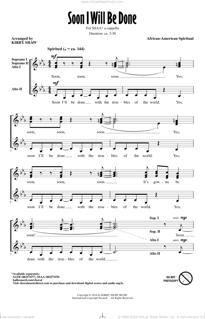 Soon I Will Be Done sheet music for choir (SSA: soprano, alto) by Kirby Shaw and Miscellaneous, intermediate skill level