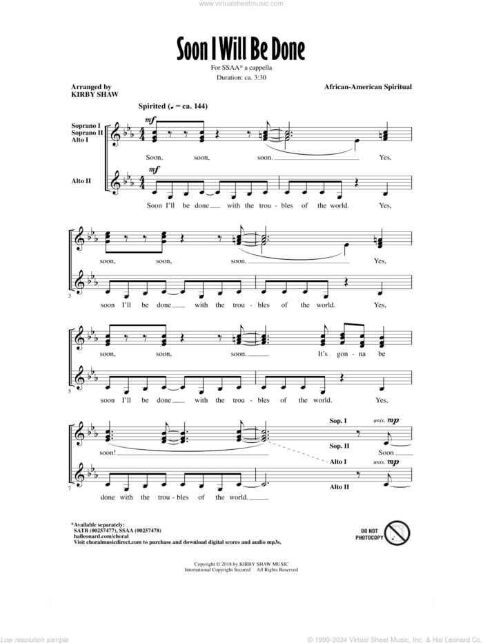 Soon I Will Be Done sheet music for choir (SSA: soprano, alto) by Kirby Shaw and Miscellaneous, intermediate skill level