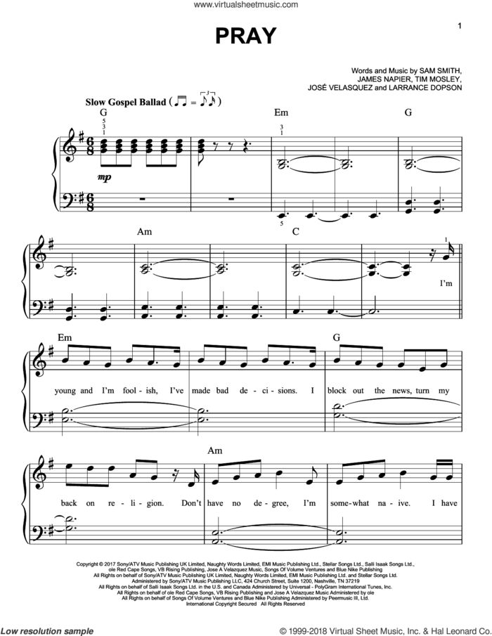 Pray sheet music for piano solo by Sam Smith, Angel Lopez, James Napier, Larrance Dopson and Tim Mosley, easy skill level