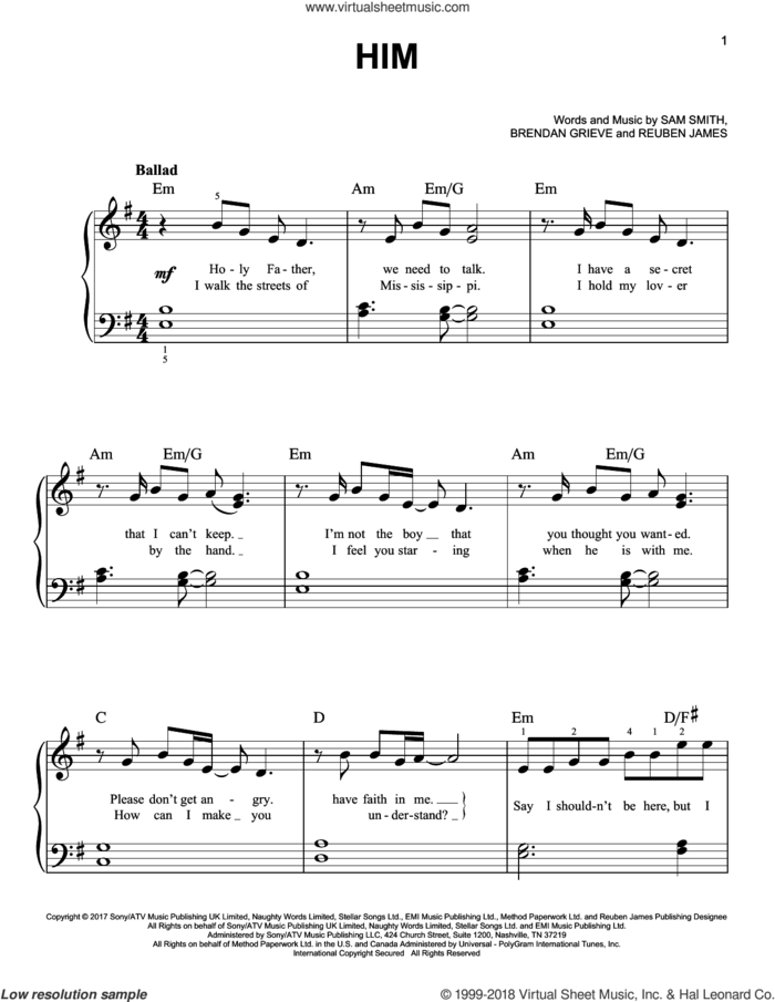 Him sheet music for piano solo by Sam Smith, Brendan Grieve and Reuben James, easy skill level