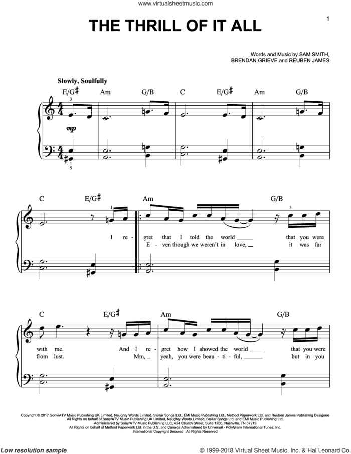 The Thrill Of It All sheet music for piano solo by Sam Smith, Brendan Grieve and Reuben James, easy skill level