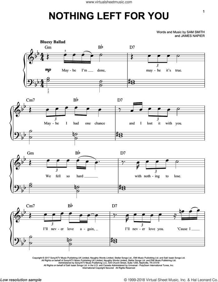Nothing Left For You sheet music for piano solo by Sam Smith and James Napier, easy skill level
