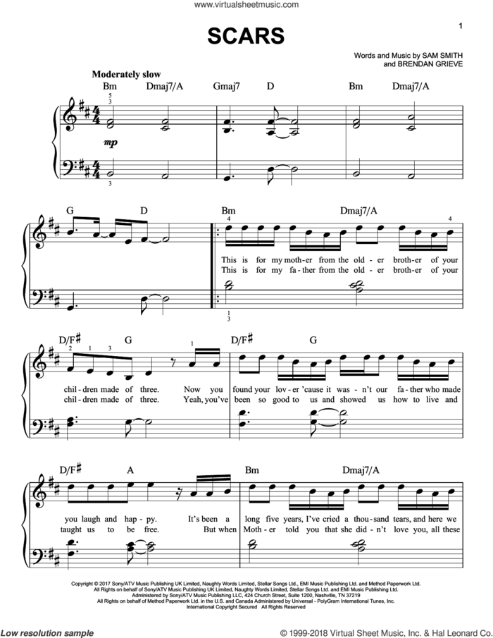 Scars sheet music for piano solo by Sam Smith and Brendan Grieve, easy skill level