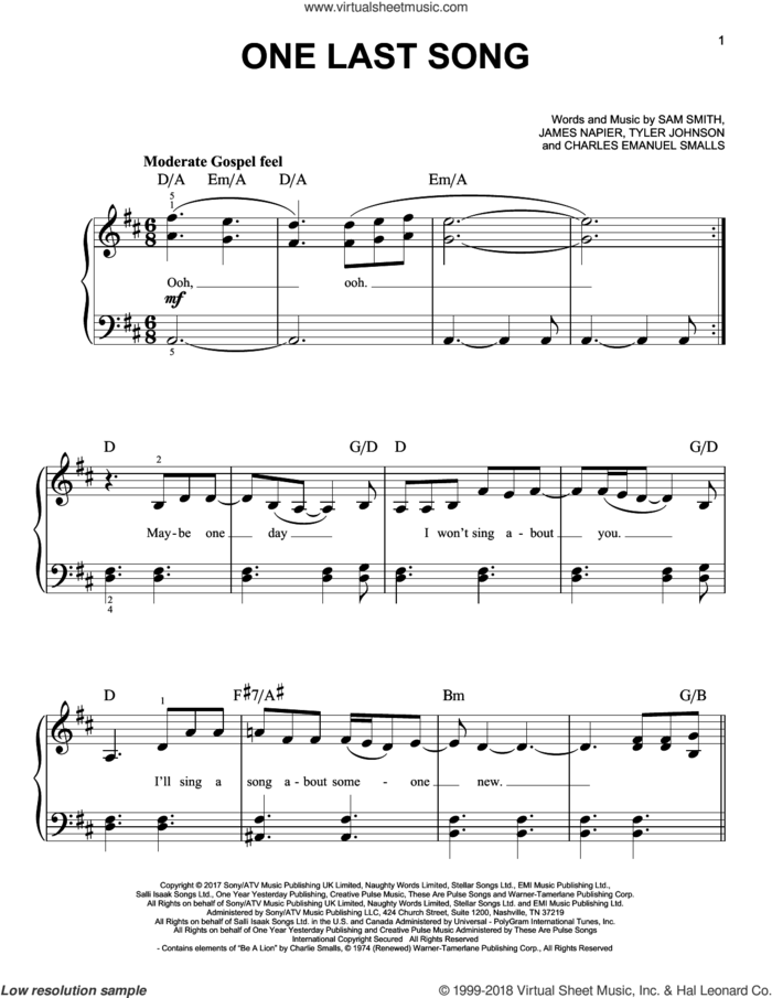 One Last Song sheet music for piano solo by Sam Smith, Charles Emanuel Smalls, James Napier and Tyler Johnson, easy skill level