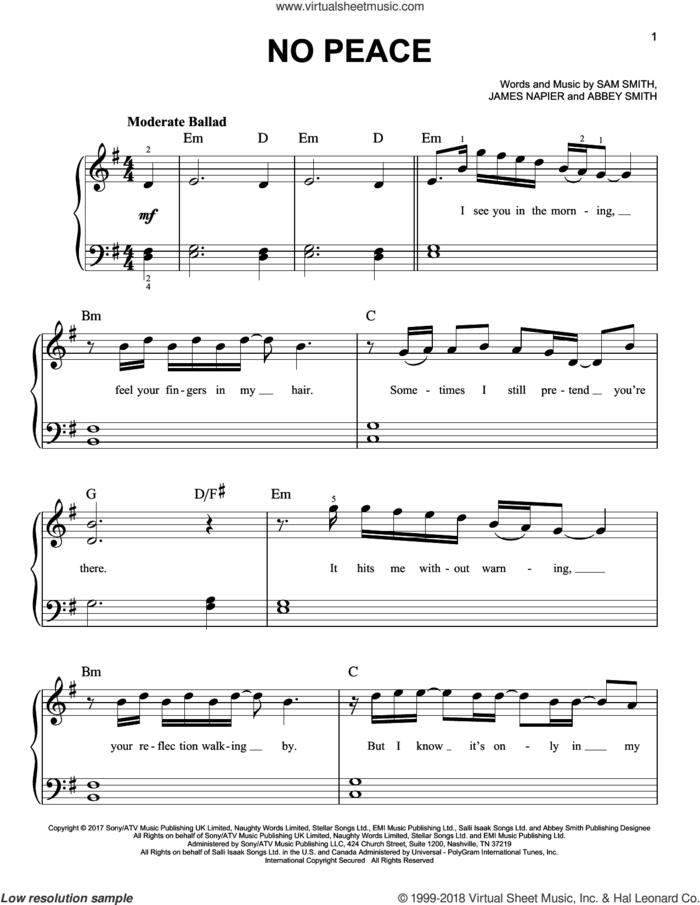 No Peace (feat. YEBBA) sheet music for piano solo by Sam Smith feat. Yebba, YEBBA, Abbey Smith, James Napier and Sam Smith, easy skill level