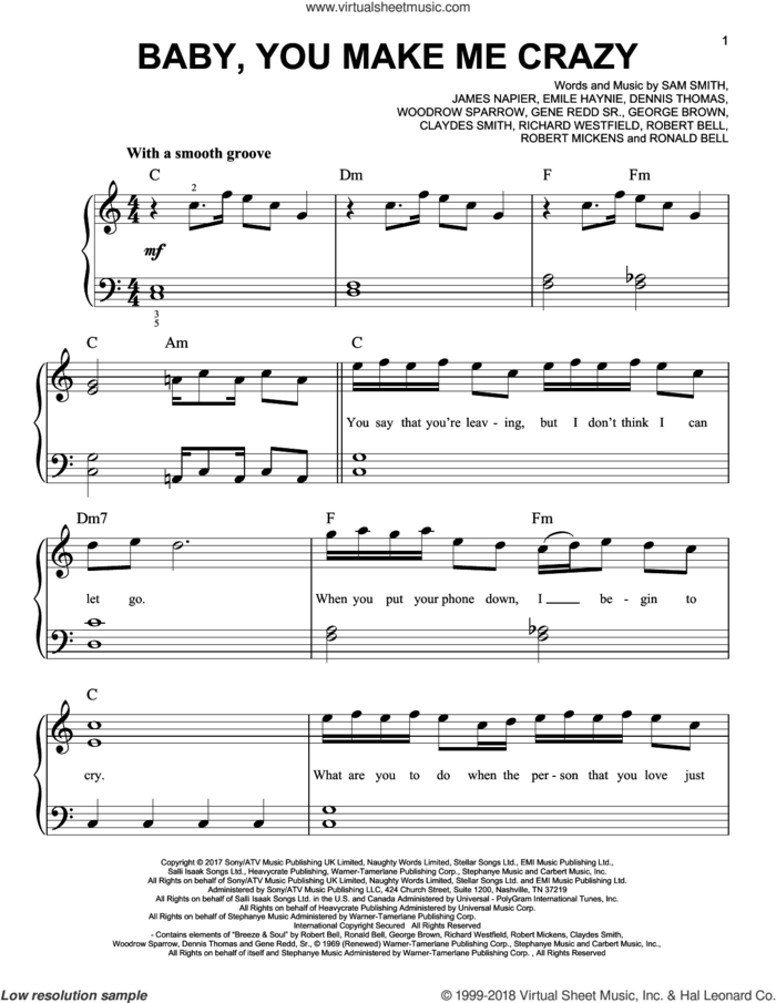 Baby, You Make Me Crazy sheet music for piano solo by Sam Smith, Claydes Smith, Dennis Thomas, Emile Haynie, Gene Reed Sr., George Brown, James Napier, Richard Westfield, Robert Bell, Robert Mickens, Ronald Bell and Woodrow Sparrow, easy skill level