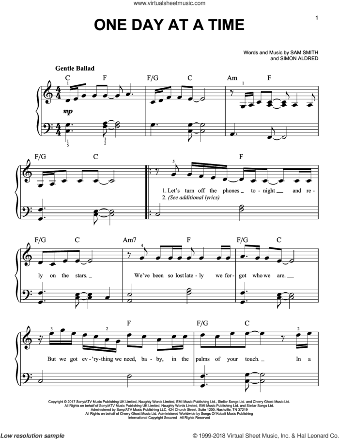 One Day At A Time sheet music for piano solo by Sam Smith and Simon Aldred, easy skill level