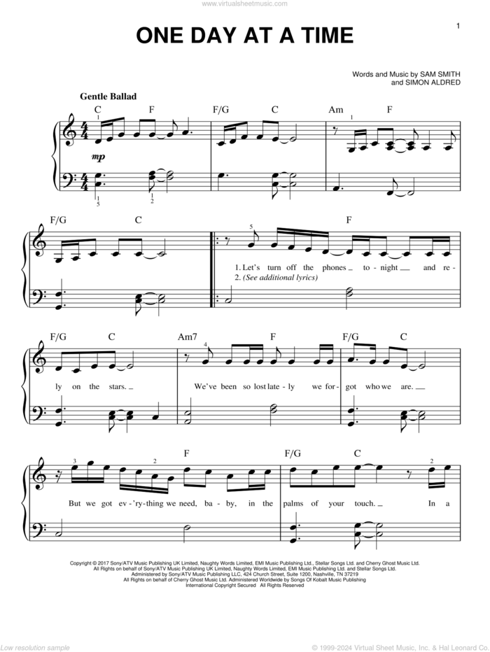 One Day At A Time sheet music for piano solo by Sam Smith and Simon Aldred, easy skill level