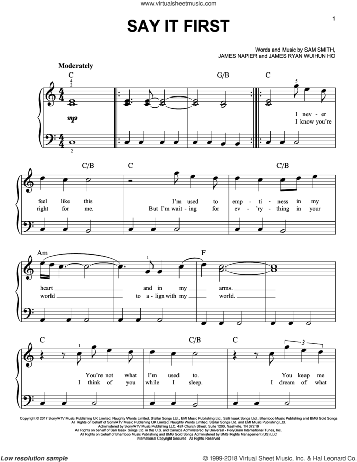 Say It First sheet music for piano solo by Sam Smith, James Napier and James Ryan Wuihun Ho, easy skill level