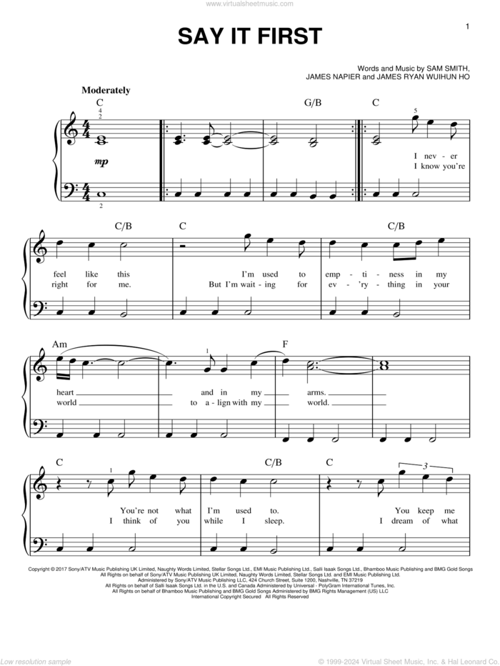 Say It First sheet music for piano solo by Sam Smith, James Napier and James Ryan Wuihun Ho, easy skill level