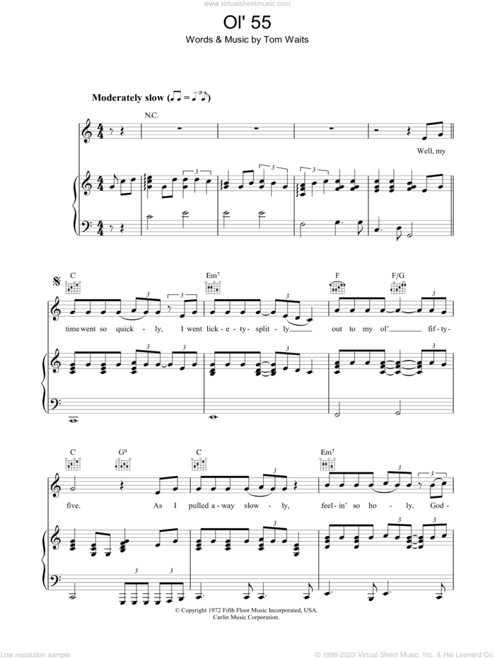 Ol' 55 sheet music for voice, piano or guitar by Tom Waits, intermediate skill level