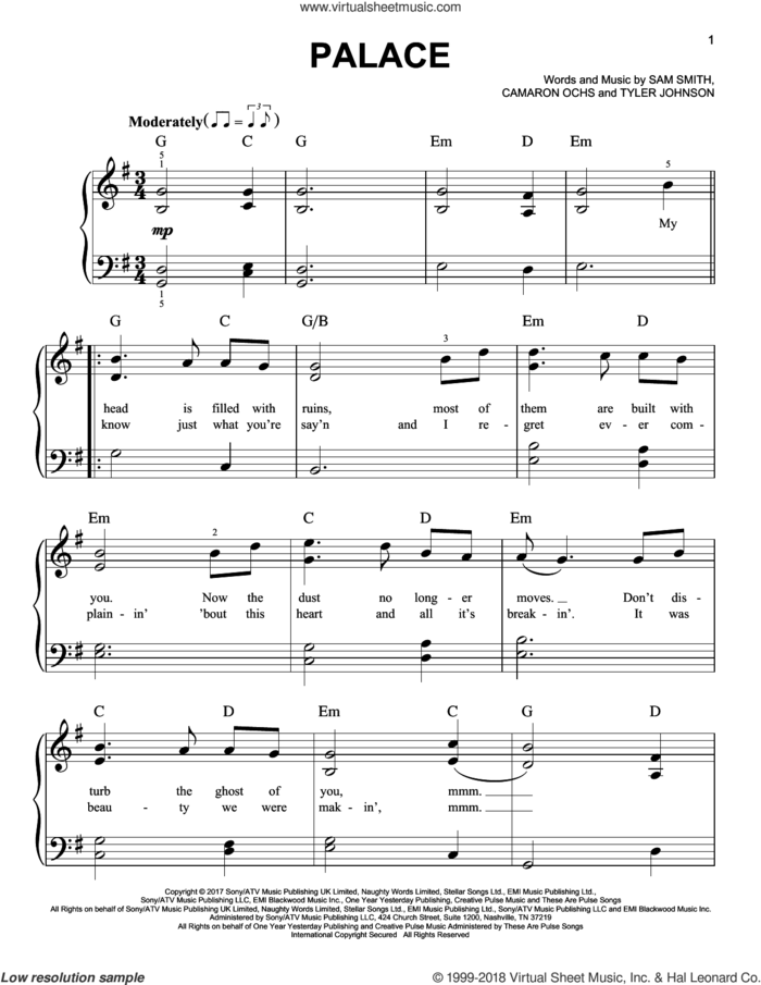 Palace sheet music for piano solo by Sam Smith, Camaron Ochs and Tyler Johnson, easy skill level