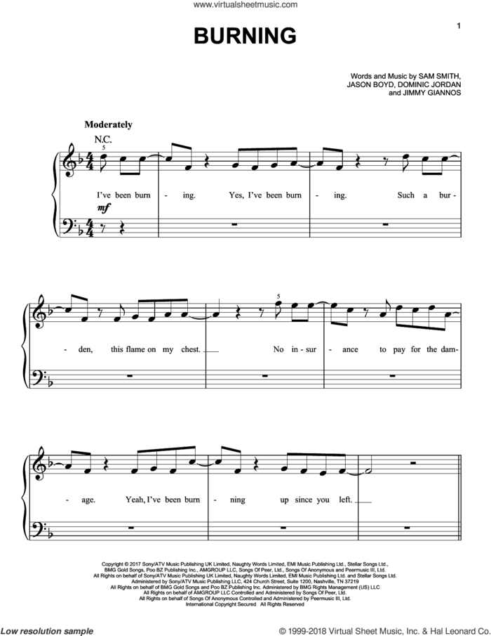 Burning sheet music for piano solo by Sam Smith, Dominic Jordan, Jason Boyd and Jimmy Giannos, easy skill level