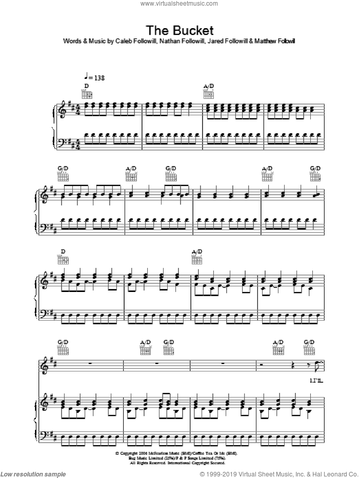 The Bucket sheet music for voice, piano or guitar by Kings Of Leon, Caleb Followill, Jared Followill, Matthew Followill and Nathan Followill, intermediate skill level