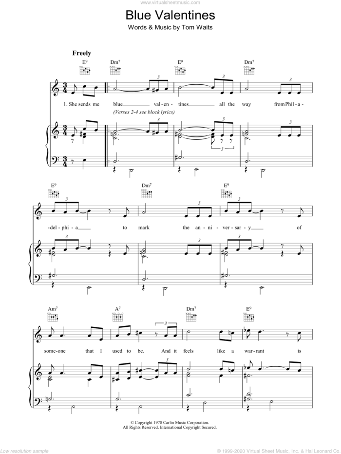 Blue Valentines sheet music for voice, piano or guitar by Tom Waits, intermediate skill level