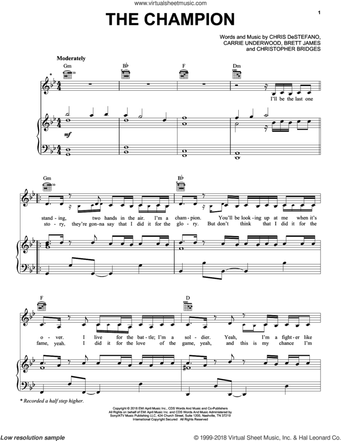 The Champion sheet music for voice, piano or guitar by Carrie Underwood, Brett James, Chris Destefano and Christopher Bridges, intermediate skill level