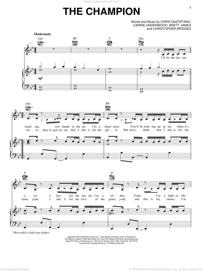 The Champion sheet music for voice, piano or guitar by Carrie Underwood, Brett James, Chris Destefano and Christopher Bridges, intermediate skill level