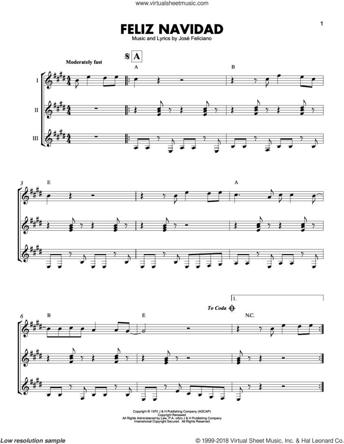 Feliz Navidad sheet music for guitar ensemble by Jose Feliciano, intermediate skill level