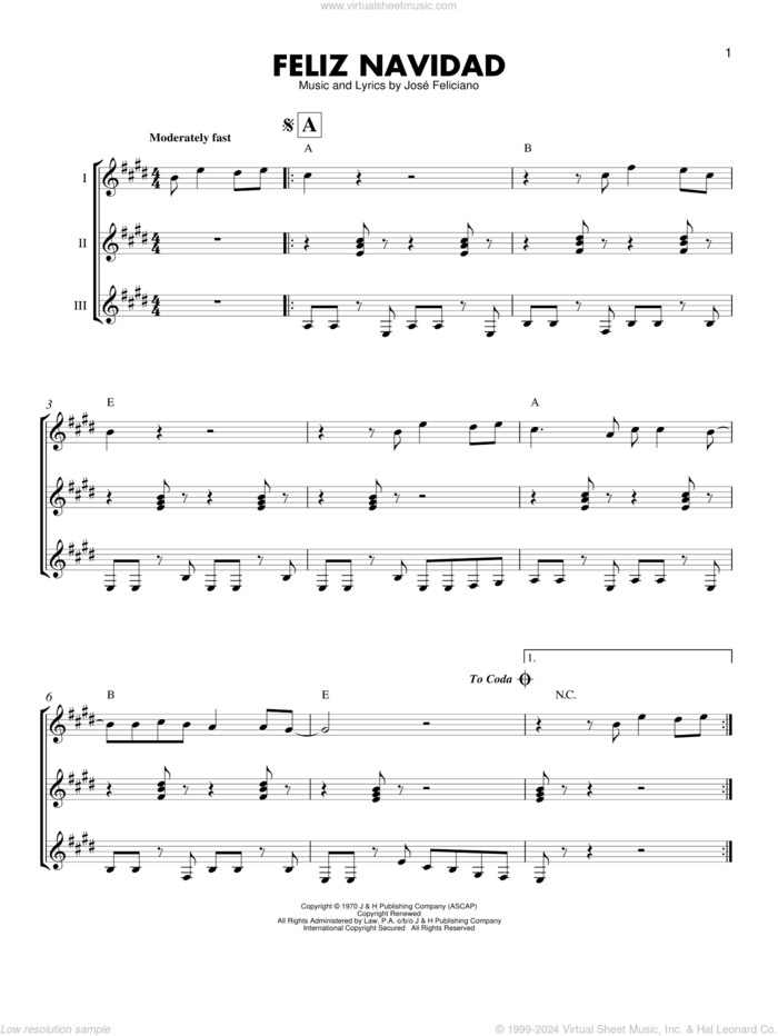 Feliz Navidad sheet music for guitar ensemble by Jose Feliciano, intermediate skill level