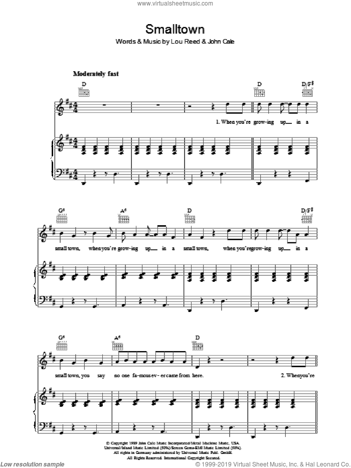 Smalltown sheet music for voice, piano or guitar by Lou Reed and John Cale, intermediate skill level