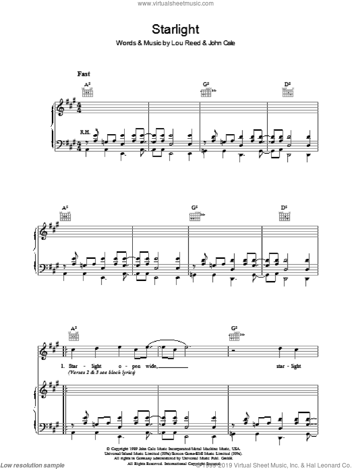 Starlight sheet music for voice, piano or guitar by Lou Reed and John Cale, intermediate skill level