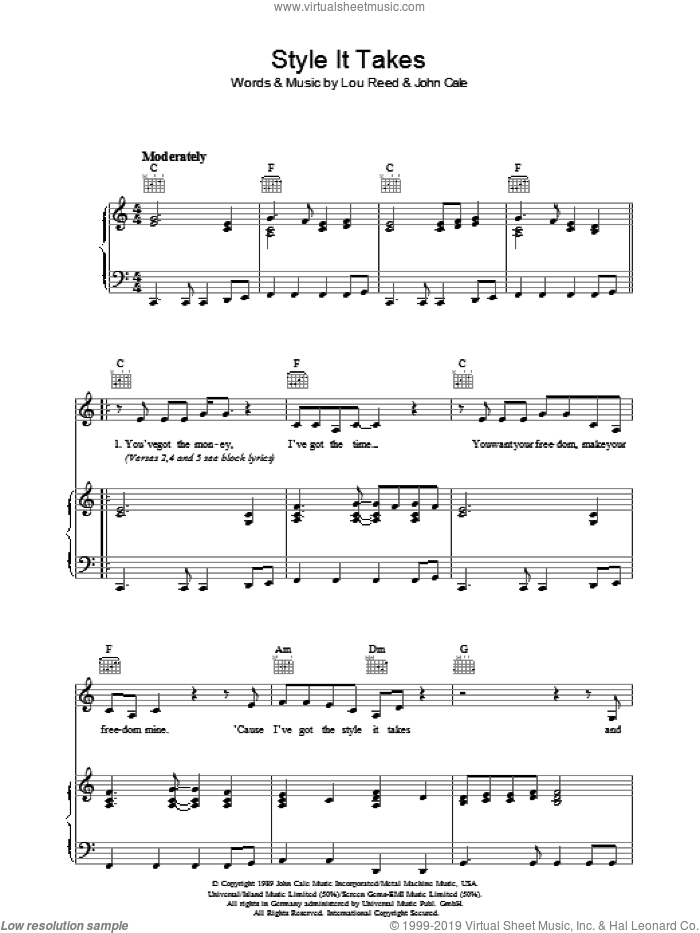 Style It Takes sheet music for voice, piano or guitar by Lou Reed and John Cale, intermediate skill level