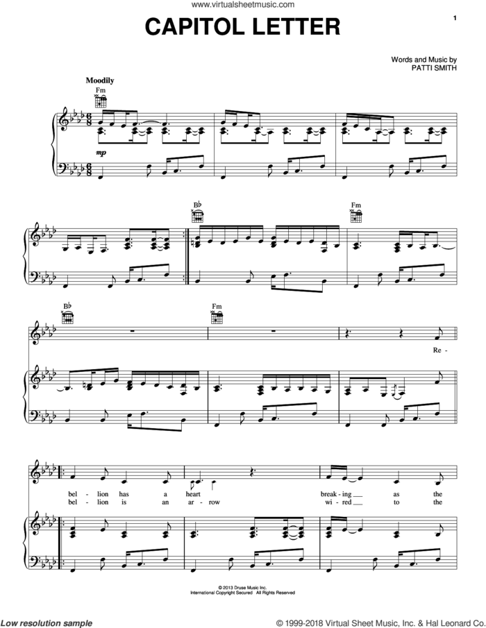 Capitol Letter sheet music for voice, piano or guitar by Patti Smith, intermediate skill level