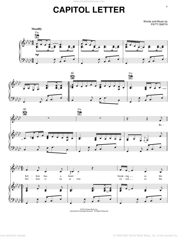 Capitol Letter sheet music for voice, piano or guitar by Patti Smith, intermediate skill level