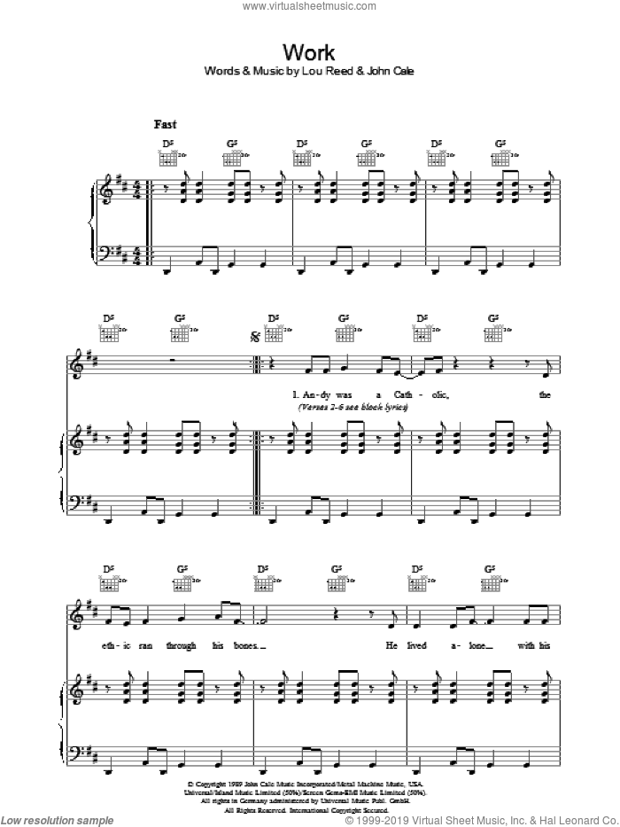 Work sheet music for voice, piano or guitar by Lou Reed and John Cale, intermediate skill level