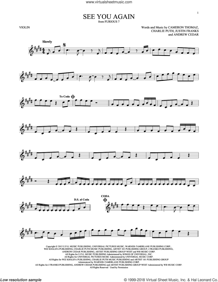 See You Again sheet music for violin solo by Wiz Khalifa feat. Charlie Puth, Andrew Cedar, Cameron Thomaz, Charlie Puth and Justin Franks, intermediate skill level
