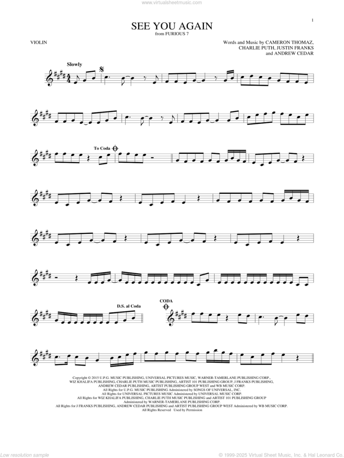 See You Again sheet music for violin solo by Wiz Khalifa feat. Charlie Puth, Andrew Cedar, Cameron Thomaz, Charlie Puth and Justin Franks, intermediate skill level