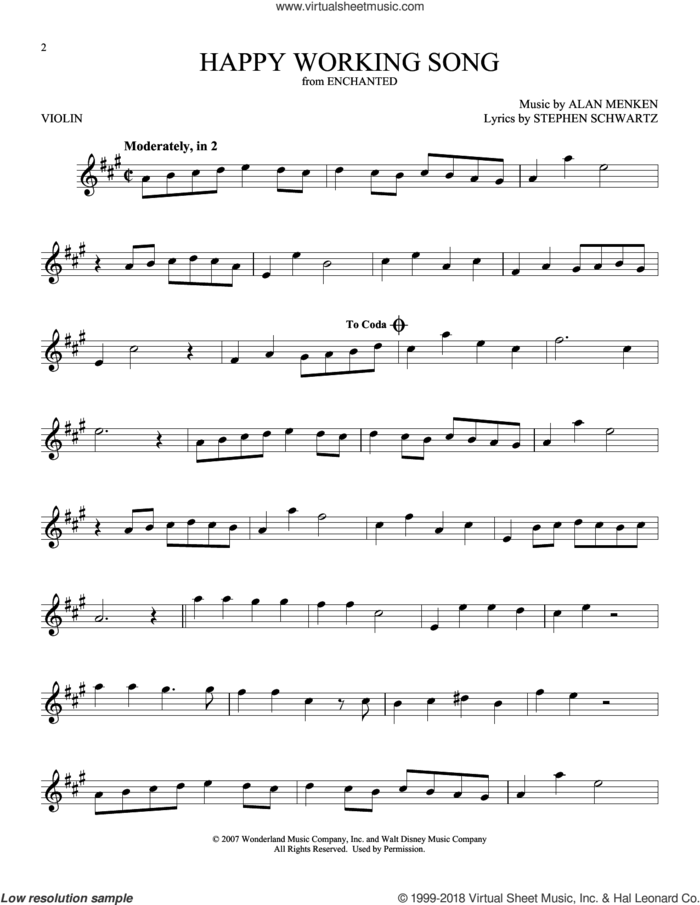 Happy Working Song (from Enchanted) sheet music for violin solo by Amy Adams, Alan Menken and Stephen Schwartz, intermediate skill level