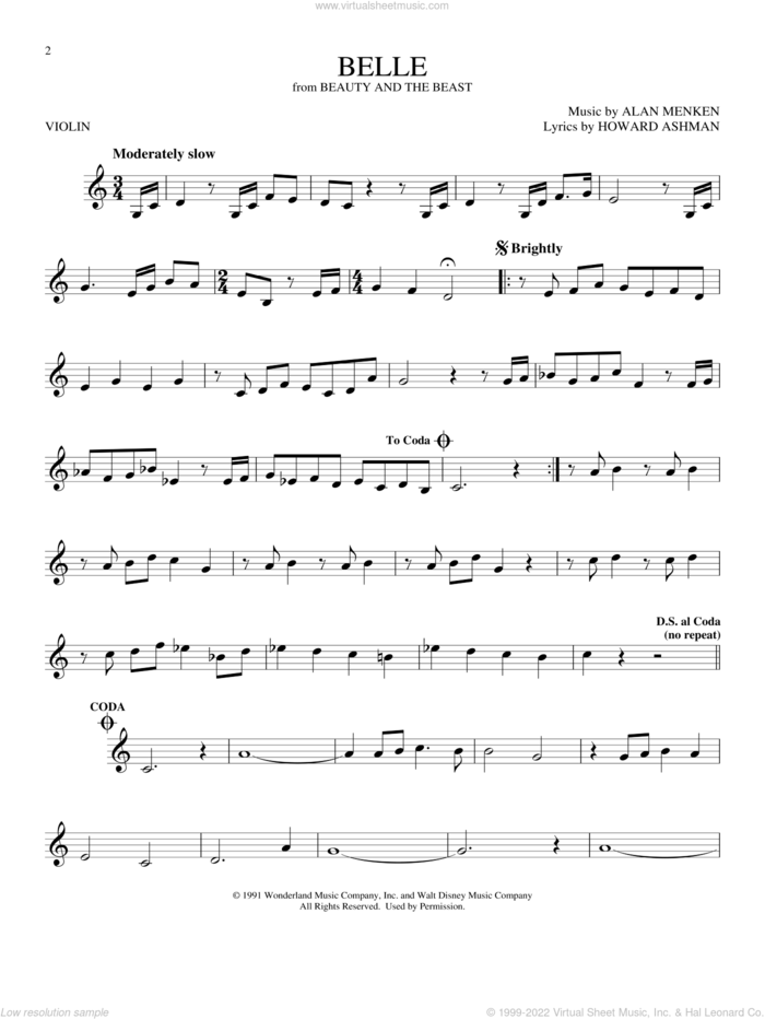 Belle (from Beauty And The Beast) sheet music for violin solo by Alan Menken & Howard Ashman, Alan Menken and Howard Ashman, intermediate skill level