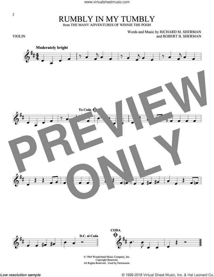 Rumbly In My Tumbly (from The Many Adventures Of Winnie The Pooh) sheet music for violin solo by Sherman Brothers, Richard M. Sherman and Robert B. Sherman, intermediate skill level