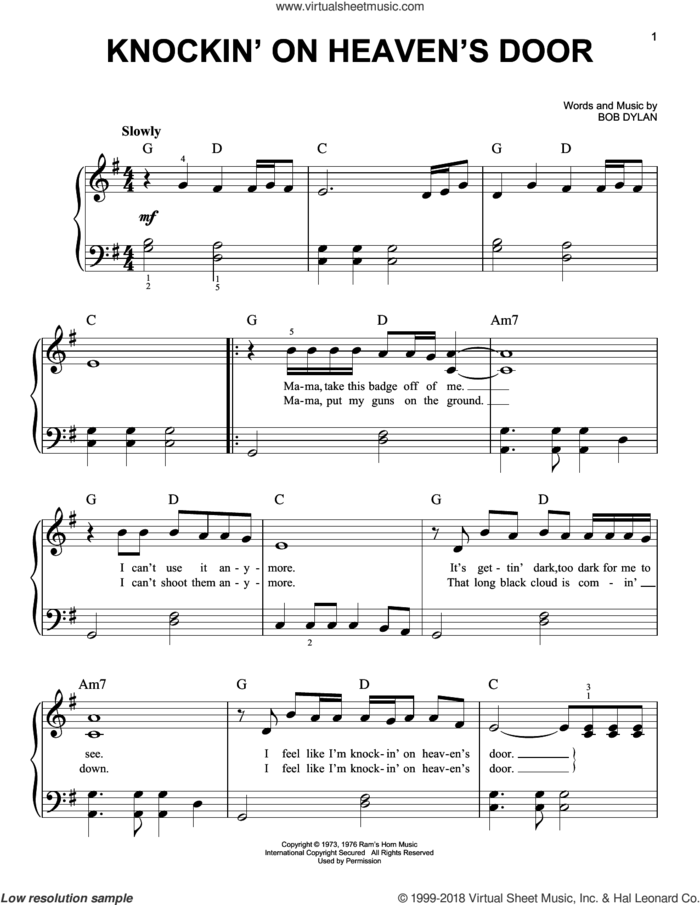 Knockin' On Heaven's Door sheet music for piano solo by Bob Dylan, beginner skill level