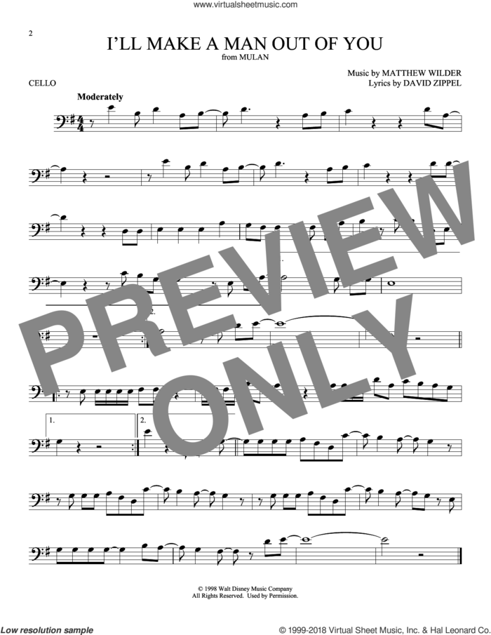 I'll Make A Man Out Of You (from Mulan) sheet music for cello solo by David Zippel and Matthew Wilder, intermediate skill level