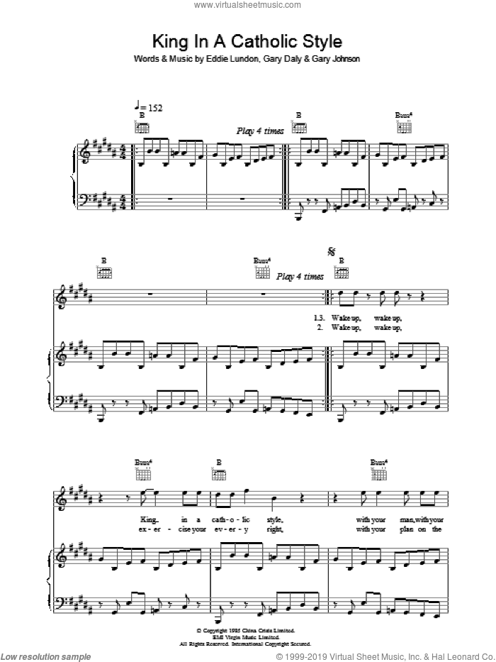 King In A Catholic Style sheet music for voice, piano or guitar by China Crisis, Eddie Lundon, Gary Daly and Gary Johnson, intermediate skill level