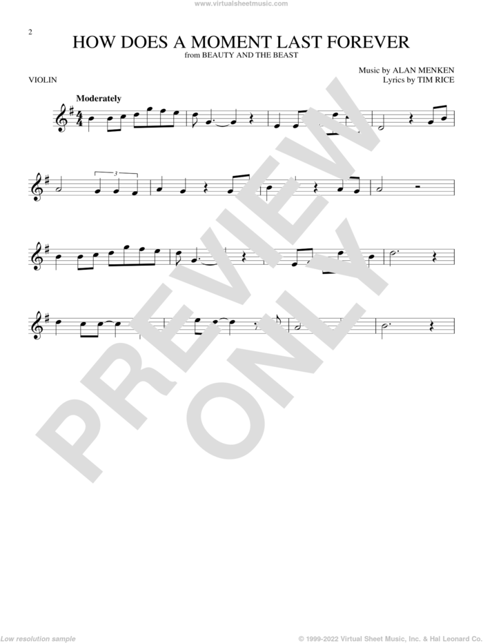 How Does A Moment Last Forever (from Beauty And The Beast) sheet music for violin solo by Celine Dion, Alan Menken and Tim Rice, intermediate skill level