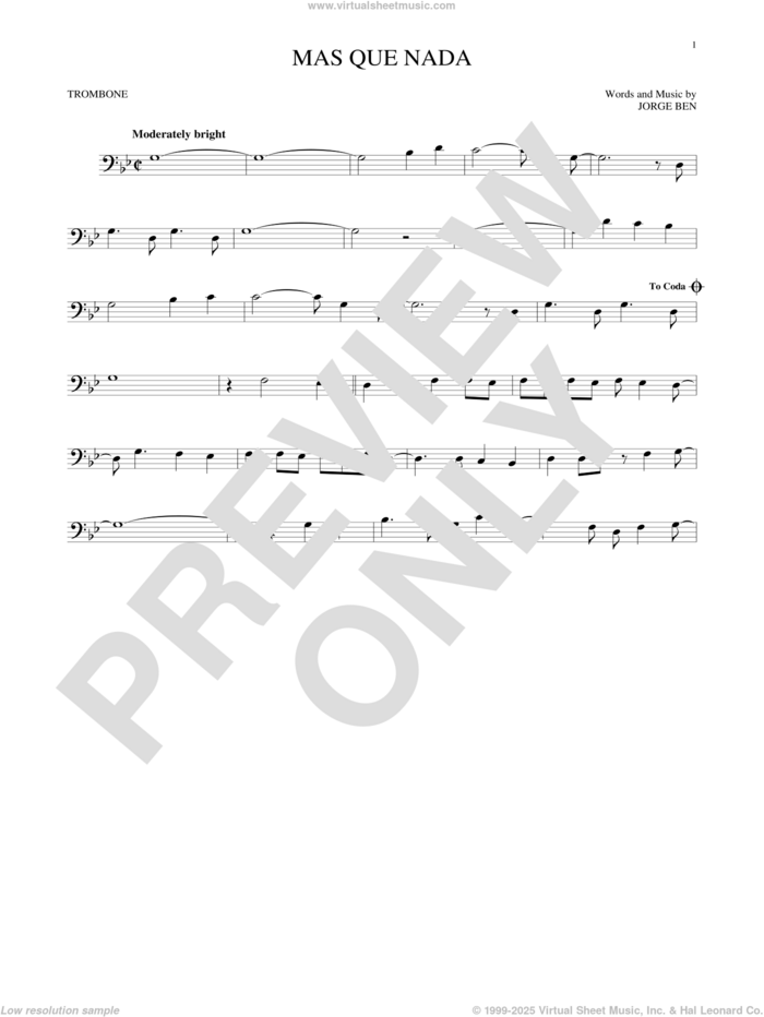 Mas Que Nada sheet music for trombone solo by Sergio Mendes and Jorge Ben, intermediate skill level