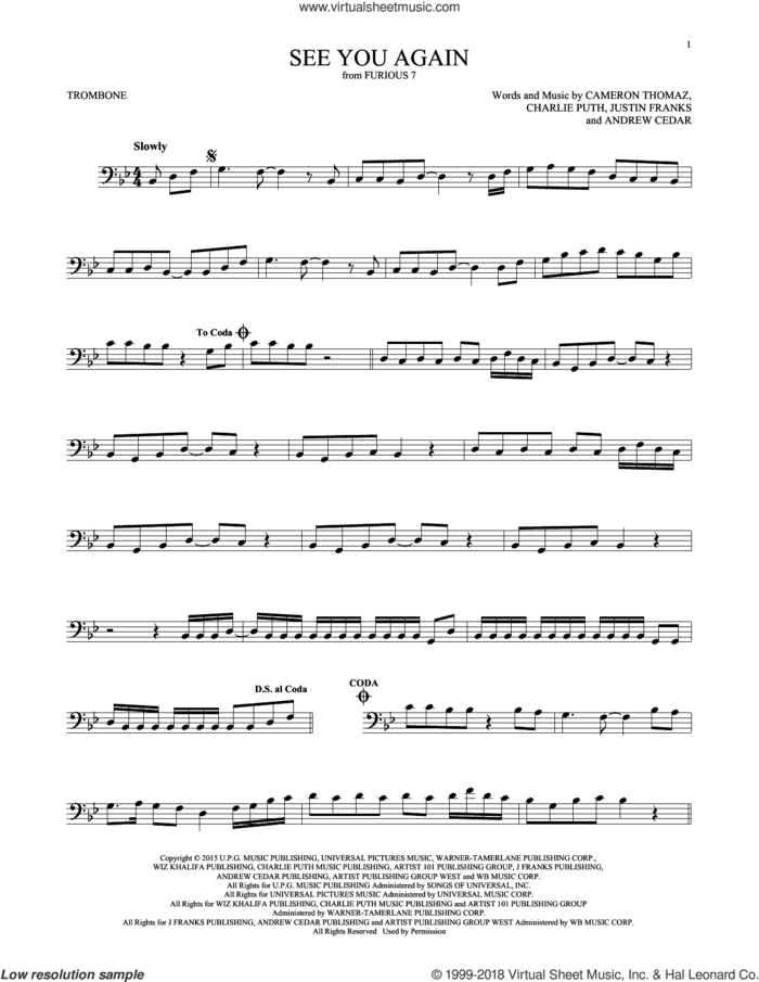 See You Again (feat. Charlie Puth) sheet music for trombone solo by Wiz Khalifa, Wiz Khalifa feat. Charlie Puth, Andrew Cedar, Cameron Thomaz, Charlie Puth and Justin Franks, intermediate skill level