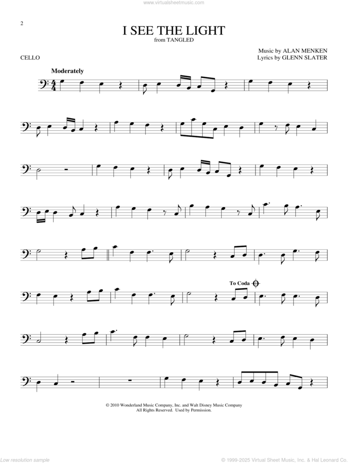 I See The Light (from Tangled) sheet music for cello solo by Alan Menken and Glenn Slater, intermediate skill level