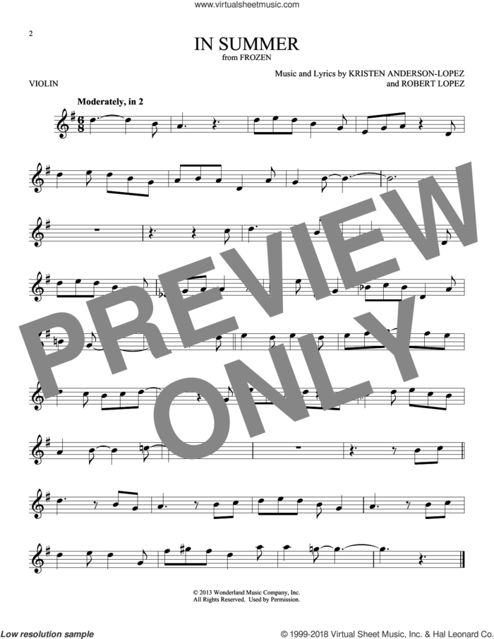 In Summer (from Frozen) sheet music for violin solo by Kristen Anderson-Lopez, Josh Gad and Robert Lopez, intermediate skill level