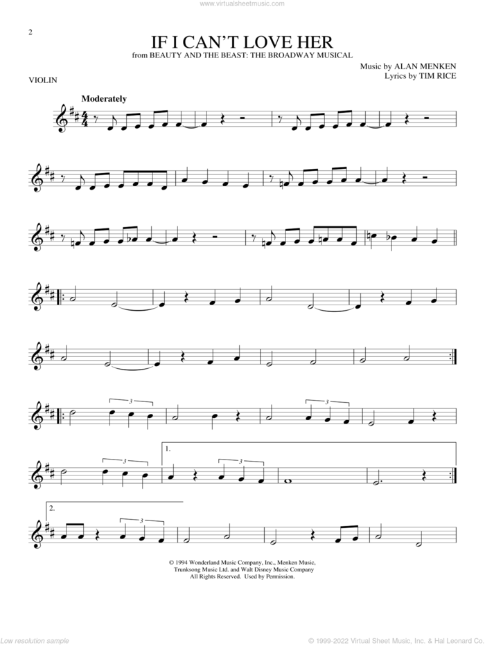 If I Can't Love Her (from Beauty And The Beast: The Musical) sheet music for violin solo by Tim Rice, Alan Menken and Alan Menken & Tim Rice, intermediate skill level