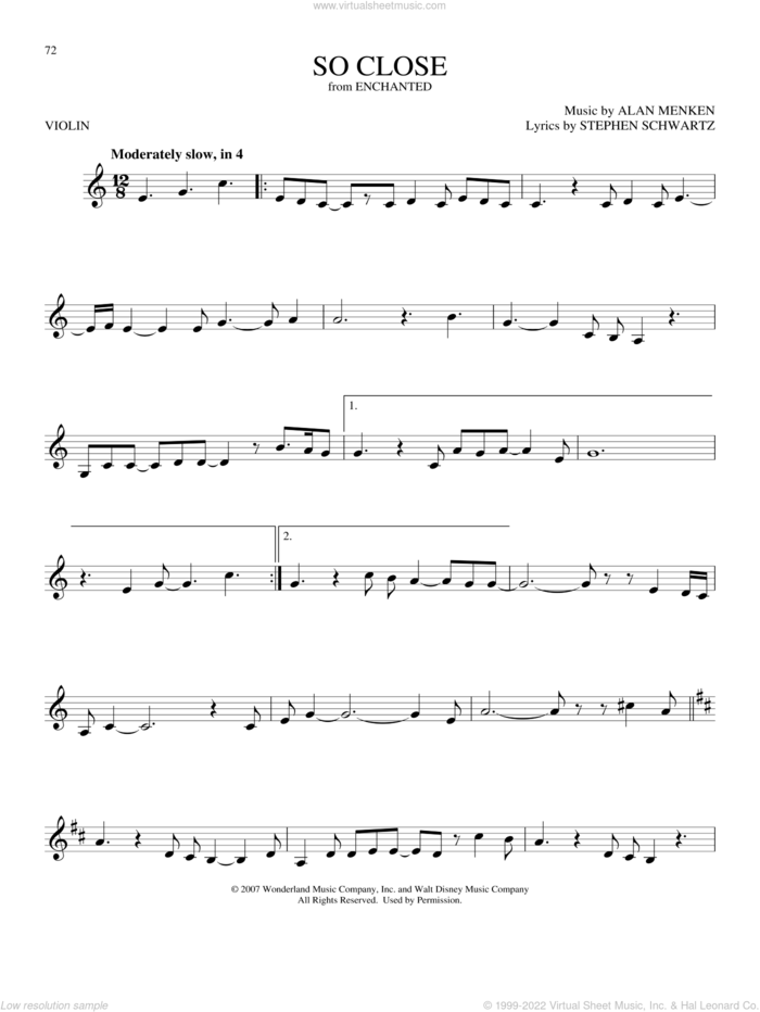So Close (from Enchanted) sheet music for violin solo by Alan Menken, John McLaughlin and Stephen Schwartz, intermediate skill level