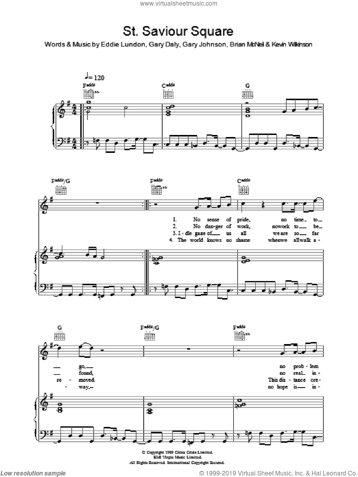 St. Saviour Square sheet music for voice, piano or guitar by China Crisis, Brian McNeil, Eddie Lundon, Gary Daly, Gary Johnson and Kevin Wilkinson, intermediate skill level