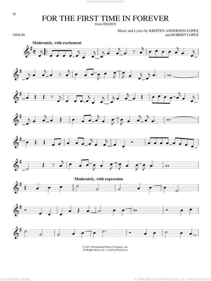 For The First Time In Forever (from Disney's Frozen) sheet music for violin solo by Kristen Bell, Idina Menzel, Kristen Anderson-Lopez and Robert Lopez, intermediate skill level