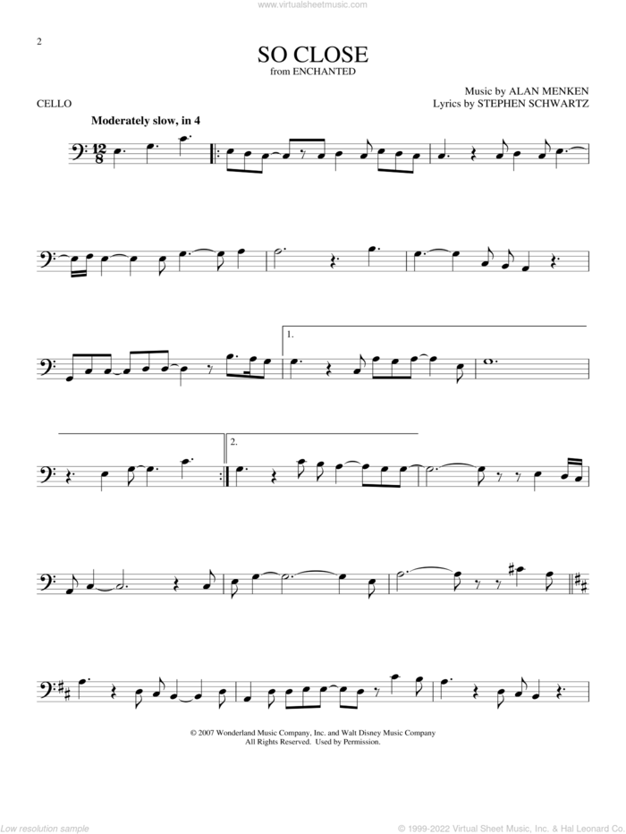 So Close (from Enchanted) sheet music for cello solo by Alan Menken, John McLaughlin and Stephen Schwartz, intermediate skill level